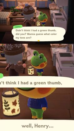 an animal crossing game is shown with two screens and the caption says, don't think i had a green thumb