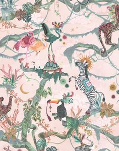 a pink wallpaper with animals and plants on the bottom right hand corner is an illustration of zebras, giraffes, flamingos, and other tropical birds