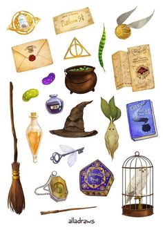 an image of harry potter's wand, books and other items