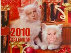 an advertisement for the 2010 calendar with a man and cat in front of christmas presents