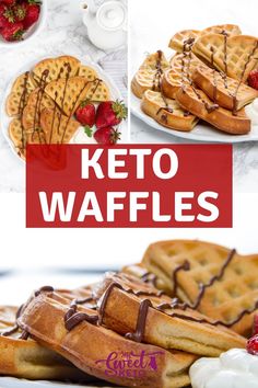 keto waffles with chocolate drizzle and strawberries on the side