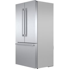 a silver refrigerator freezer sitting on top of a white wall