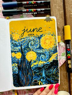 Van Gogh inspired coverpage in my bullet journal💕 I used Posca markers for this illustration Art With Posca Markers, Van Gogh Inspired Paintings, Van Gogh Journal, Acrylic Marker Art Ideas, Posca Art Doodle, Van Gogh Design, Art Markers Drawing, Posca Markers, Van Gogh Inspired