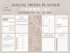 the social media planner is set up on top of a white background with brown accents