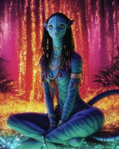 an alien woman sitting on the ground in front of a colorful background with sparkles