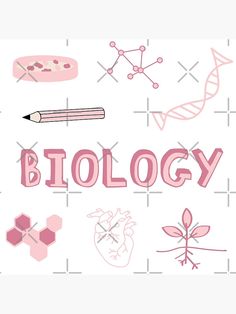 the words biology written in pink on a white background with different types of science related objects