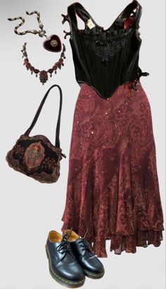 Whimsical 90s Outfits, Whimsical Witchy Outfits, Lena Duchannes Inspired Outfits, Hadestown Aesthetic Outfit, Southern Gothic Outfit Aesthetic, Witchcore Fashion Aesthetic, Red Whimsigoth Outfit, Whimsigoth Photoshoot, Smashing Pumpkins Concert Outfit