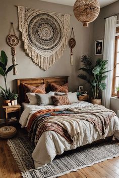 #girlsroom #bedroomideas #dormdecor #bohobedroom #bohochic #homedecortips Boho Accent Wall Behind Bed, White Walls Bedroom Aesthetic, Boho Greenery Bedroom, Boho House Decor Bedroom, Teenage Boho Bedroom, Boho Bedrooms For Adults, Hobo Bedroom, Boho Green Bedroom, Bedroom Boho Ideas