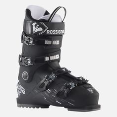 a pair of ski boots with white and black trims