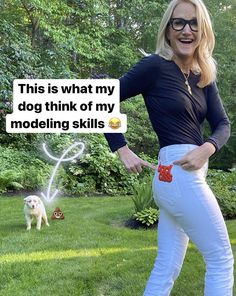 a woman is standing in the grass with her hands on her hips and an image of a dog behind her