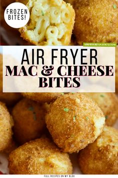 air fryer macaroni and cheese bites are piled on top of each other