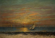 a painting of sailboats in the ocean at sunset