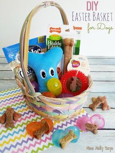 a basket filled with toys and treats on top of a table