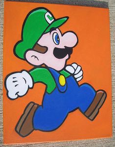 a painting of mario running on an orange background with green hat and blue pants in the foreground