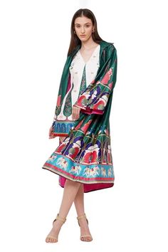 Shop for Limerick by Abirr N' Nanki Green Habutai Silk Valentia Moroccan Print Jacket for Women Online at Aza Fashions Traditional Silk Outerwear For Spring, Festive Floral Print Long Sleeve Outerwear, Festive Long Sleeve Outerwear With Floral Print, Festive Long Sleeve Floral Print Outerwear, Silk Long Sleeve Outerwear For Eid, Traditional Printed Long Sleeve Outerwear, Traditional Long Sleeve Printed Outerwear, Traditional Long Sleeve Outerwear With Printed Motifs, Traditional Floral Print Outerwear For Spring