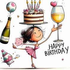 a cartoon girl holding a cake and a wine glass in front of her birthday card