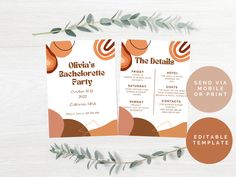 two flyers for the bachelor party on a table with greenery and brown circles around them