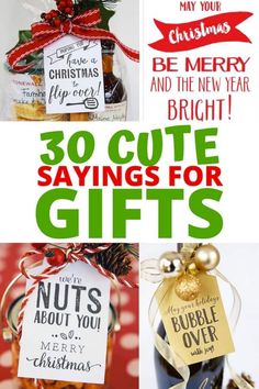 christmas gifts for the new year with text overlay that reads 30 cute sayings for gifts