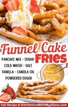 a poster advertising funnel cake fries with strawberries and whipped cream on the top, next to a pile of powdered sugar