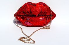 Pop Art Red Lips Crystal Clutch | Wicked Addiction Crazy Purses, Funky Purses, Nike Slippers, Novelty Handbags, Fancy Purses, Crystal Handbag, Glitter Clutch, Bling Bags, Unique Handbags