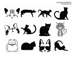 the silhouettes of cats and kittens are shown in various poses, including one cat with