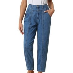 The mom jeans style, featuring a tapered leg, offers a trendy and versatile look that can be dressed up or down for various occasions. The high-waisted design and tapered leg create a flattering silhouette that never goes out of style. Whether you're dressing up for a night out or going for a casual look, these jeans will always be a fashionable choice. These stretchy mom jeans are incredibly versatile when it comes to styling. Pair them with a tucked-in blouse and heels for a chic and polished Mom Jeans Style, Womens Fashion Jeans, Tapered Jeans, Blue Outfit, Denim Flares, Blue Gender, Women's Casual, Casual Jeans, High Waisted Pants