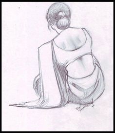 a drawing of a woman sitting on the ground with her back turned to the camera