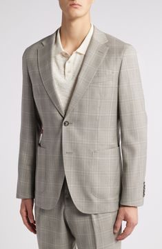 Turkish wool woven in a pale glen plaid distinguishes a suit that's styled with traditional detailing from the notched lapels to the pleated trousers and designed to keep you comfortable at any warm-weather occasion. Jacket has notched lapels; five-button cuffs; chest pocket; patch pockets; side vents Trousers have zip fly with hook-and-bar closure; pleats; slant pockets; back besom pockets Jacket is partially lined 100% virgin wool Dry clean Made in Turkey Glen Plaid, Pleated Trousers, Pocket Jacket, Wool Suit, Grey Green, Wool Plaid, Chest Pocket, Warm Weather, Dry Clean