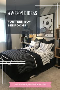 a bedroom decorated in black and white with text overlay that reads awesome ideas for teen boy bedroom