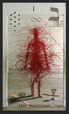 the magician is standing in front of an art piece with red thread on it's body