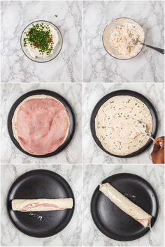 four pictures showing how to make an omelet with ham and cheese on the side