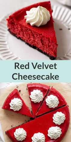 red velvet cheesecake with whipped cream on top and the same pie as it looks