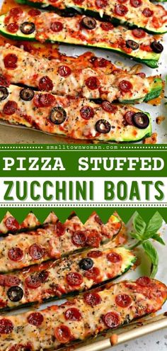 pizza stuffed zucchini boats on a baking sheet with basil and pepperoni toppings