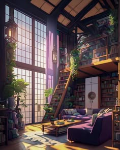 a living room filled with lots of furniture next to tall windows and bookshelves