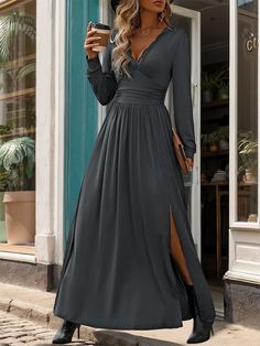 Zolucky offers stylish and concessional Dresses.. SPU: 294QDR780A18, Color: Deep Gray darkgreen Black Purplish blue Wine Red, Style:Casual, Accessories:No. Winter Casual Dresses, Dirndl Outfit, Country Casual, Bandeau Tops, Fitted Maxi Dress, Stil Elegant, Split Maxi Dress, Mini Robes, Romantic Lace