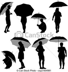 the silhouettes of people with umbrellas in different poses, all holding their own umbrellas