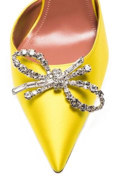 They've been made in Italy from lustrous yellow satin with crystal bow embellishments and rest on the brand's sculptural fluted heels.Bow detailingPointed toeHigh sculpted heelHeel measures: 4"/95mmElasticated slingback strapComposition: Satin 100%Lining: Leather 100%Sole: Rubber 100%, Leather 100%Made in Italy Elegant Yellow Cocktail Heels, Elegant Yellow Heels For Cocktail, Luxury Yellow Heels For Party, Amina Muaddi Rosie, Heels Yellow, Chevron Outfit, Amina Muaddi Heels, Heels Bow, Chevron Jewelry