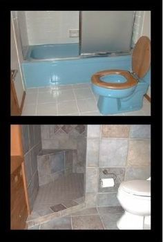 two pictures of a bathroom with toilet, shower and bathtub in the same photo