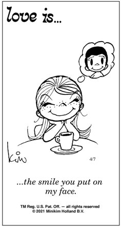 a black and white drawing of a girl with a thought bubble above her head that says love is