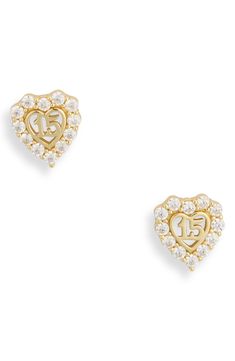 Commemorate her milestone with these stud earrings featuring a heart of CZ stones and a '15' in tarnish-resistant 18-karat gold plated sterling silver. 1/3" diameter Post back Sterling silver/18K gold plate/cubic zirconia Imported Formal Gold Heart Earrings With Diamond Accents, Gold Heart Earrings With Diamond Accents For Formal Events, Gold Heart Earrings With Diamond Accents For Formal Occasions, Cubic Zirconia Earrings For Anniversary, Yellow Gold Heart Earrings For Anniversary On Mother's Day, Yellow Gold Heart Earrings For Mother's Day Anniversary, Yellow Gold Heart Earrings For Anniversary And Mother's Day, Gold Heart Earrings With Diamond Accents For Anniversary, Yellow Gold Cubic Zirconia Heart Earrings For Anniversary