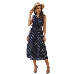 Navy Blue Polka Dot Sleeveless Casual Dress Casual Polka Dot Sleeveless Midi Dress, Dresses Feminine, Women Dresses Casual, Simple Swimsuit, Lace Beach Dress, Bohemian Beach Dress, Boho Beach Dress, Long Beach Dress, Long Bodycon Dress