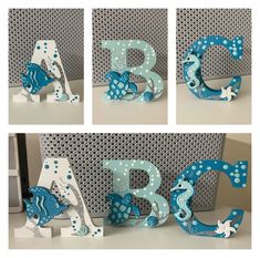 the letters are decorated with blue and white polka dots