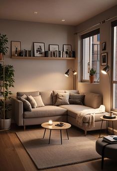 a living room with a sectional couch and coffee table in front of a large window