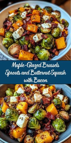 two plates filled with brussel sprouts, buttered squash and bacon