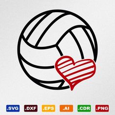 a volleyball ball with a heart drawn on it's side and the words svg dxf eps cdr png