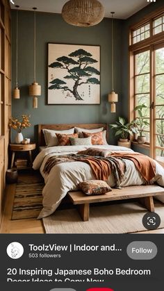 a bed room with a neatly made bed next to two windows and a painting on the wall