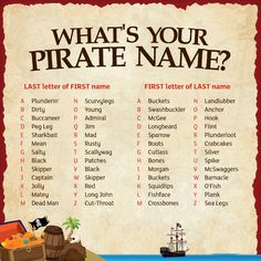 a pirate's name poster with an image of a ship and other items on it