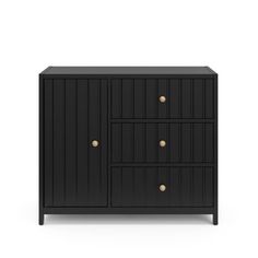 a black cabinet with gold knobs on the top and bottom drawers, against a white background