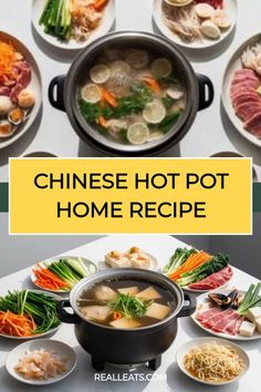 Chinese hot pot with various ingredients like vegetables, meats, and dipping sauces. Hot Pot At Home Easy Recipes, Hot Pot At Home, Chinese Hotpot, Hot Pot Recipes, Chinese Hot Pot, Hot Pot Recipe, Rice Vermicelli, Napa Cabbage, Quick Cooking