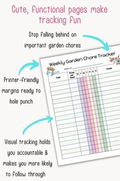 a printable garden chore tracker is shown with instructions to help you track your garden chores